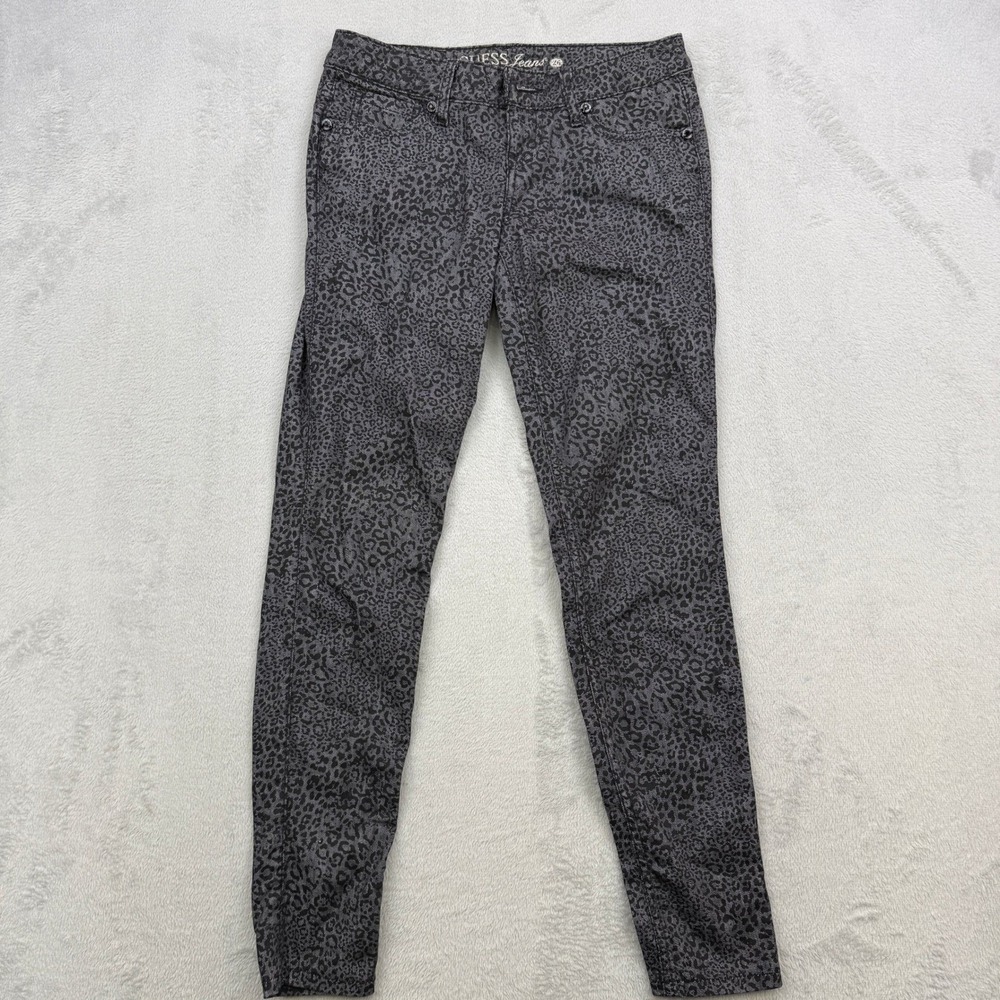 Guess Jeans Skinny Pants Womens 26 Gray Leopard Print Rhinestone Logo Indie‎